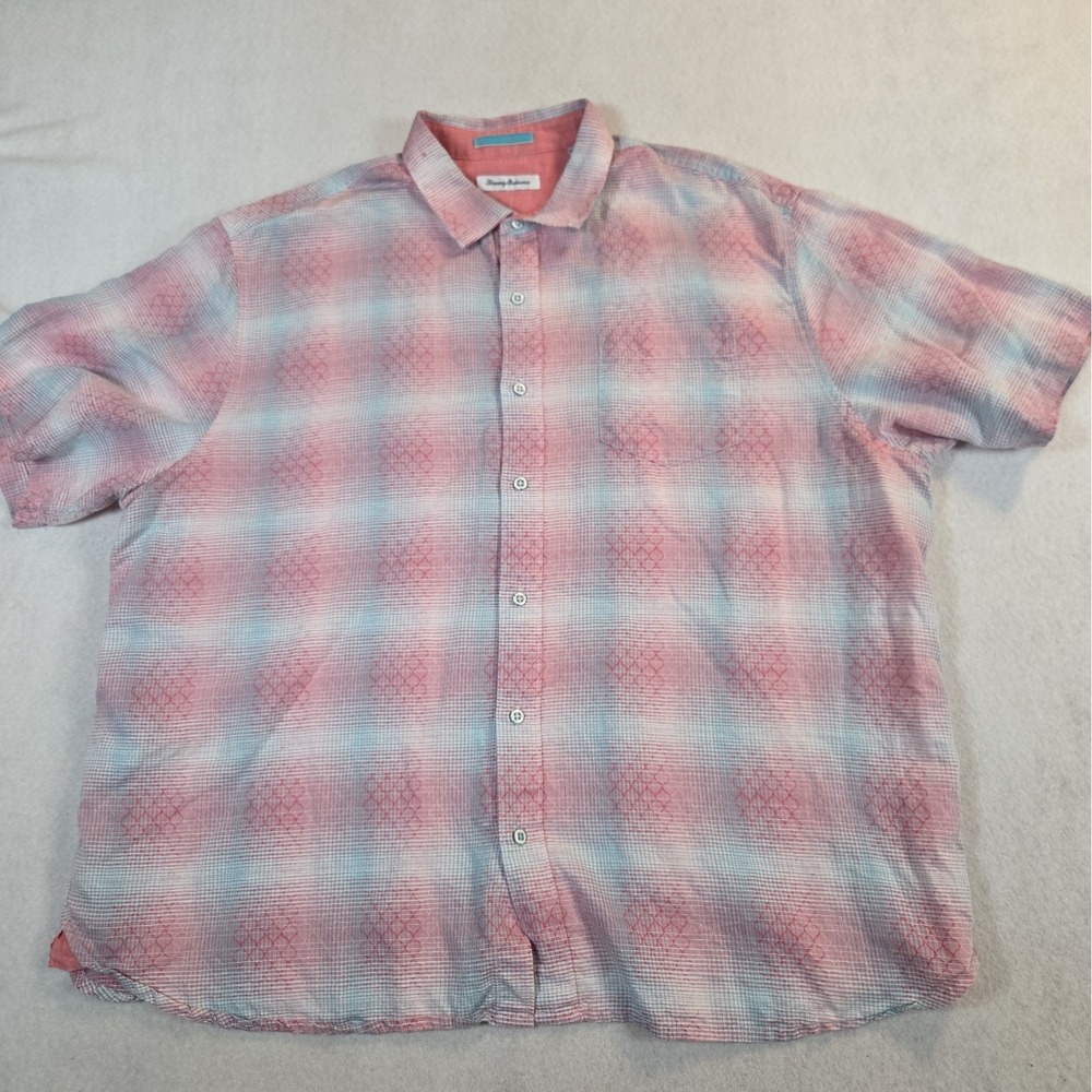 Tommy Bahama 2XB Red/Pink  Blue Linen Cotton Short Sleeve Shirt Ravenna Plaid